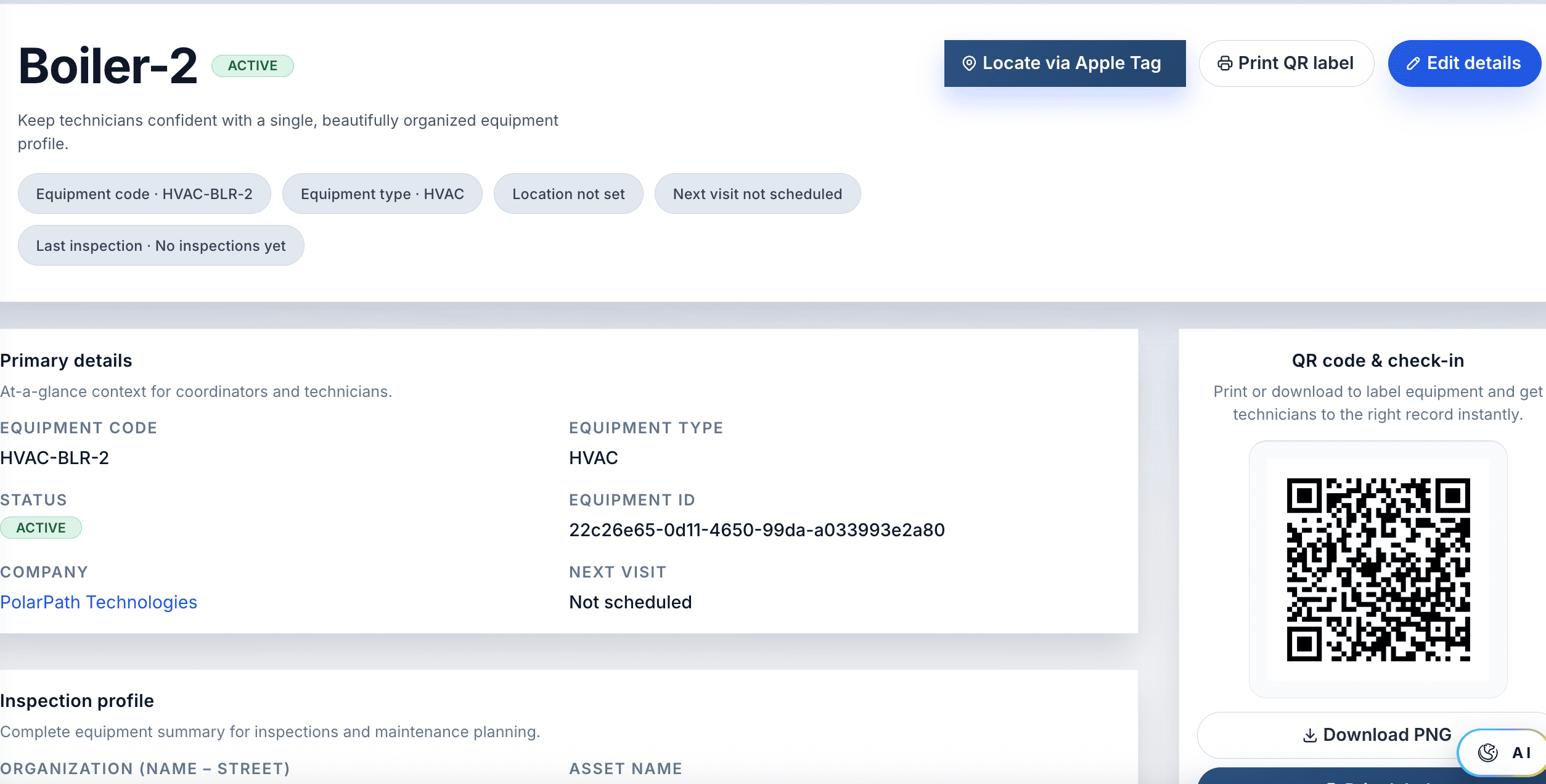 PolarPath equipment profile with maintenance details and a field check in code