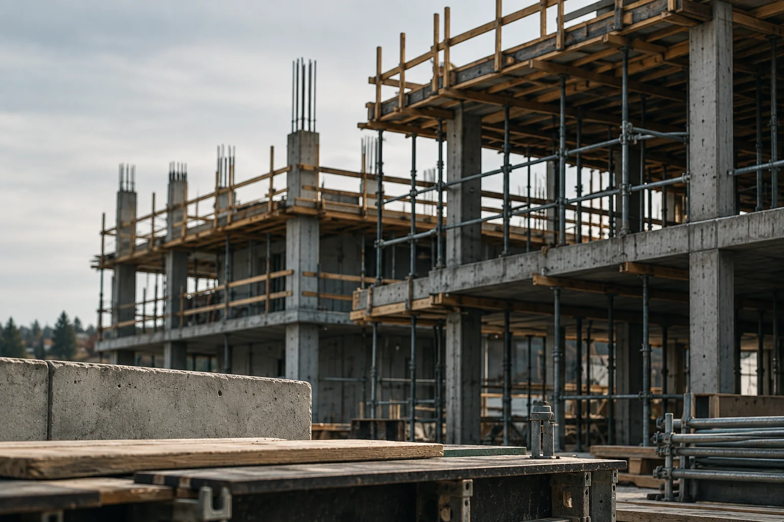 Concrete structure, scaffolding, and materials on an active construction project.