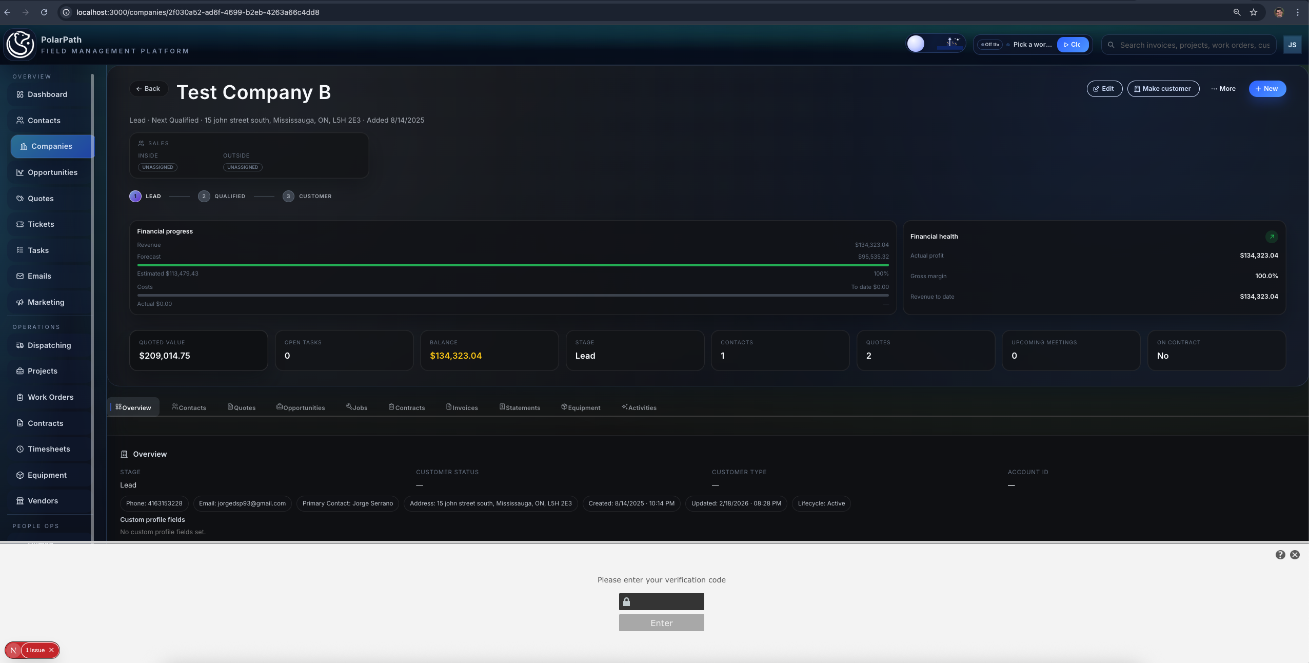 Company workspace with contracts, jobs, invoices, and account data