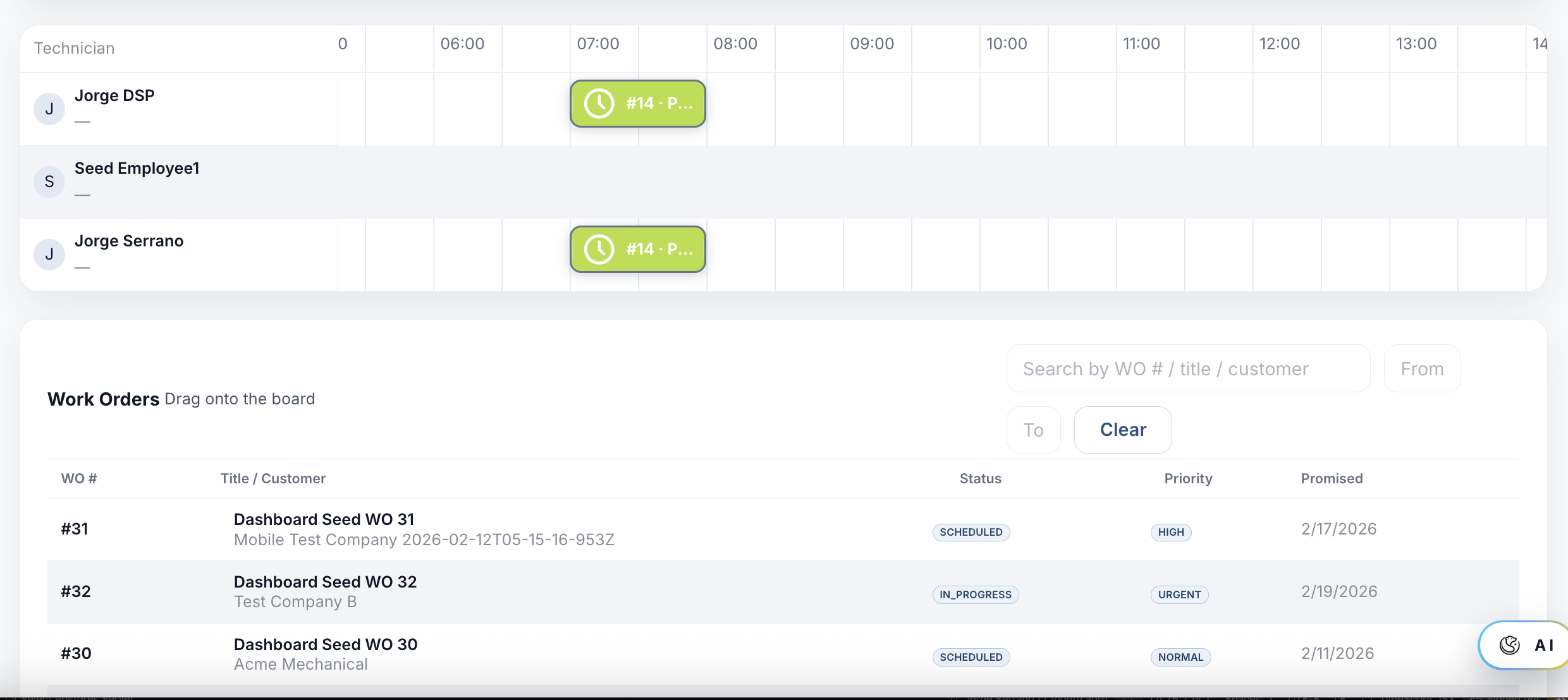 Dispatch board with technician timeline and work orders queue