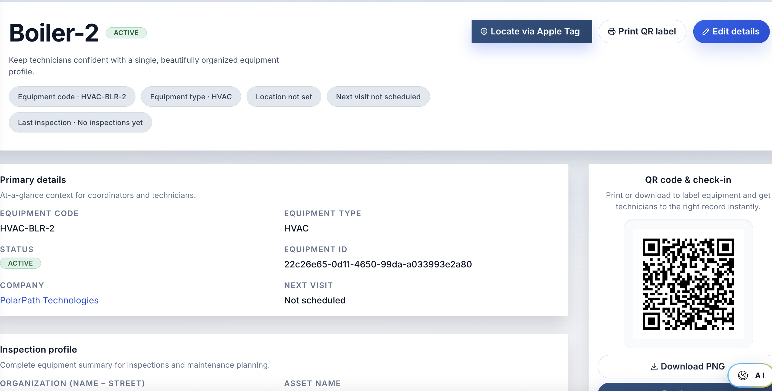 Equipment profile with status, QR check-in, and inspection details