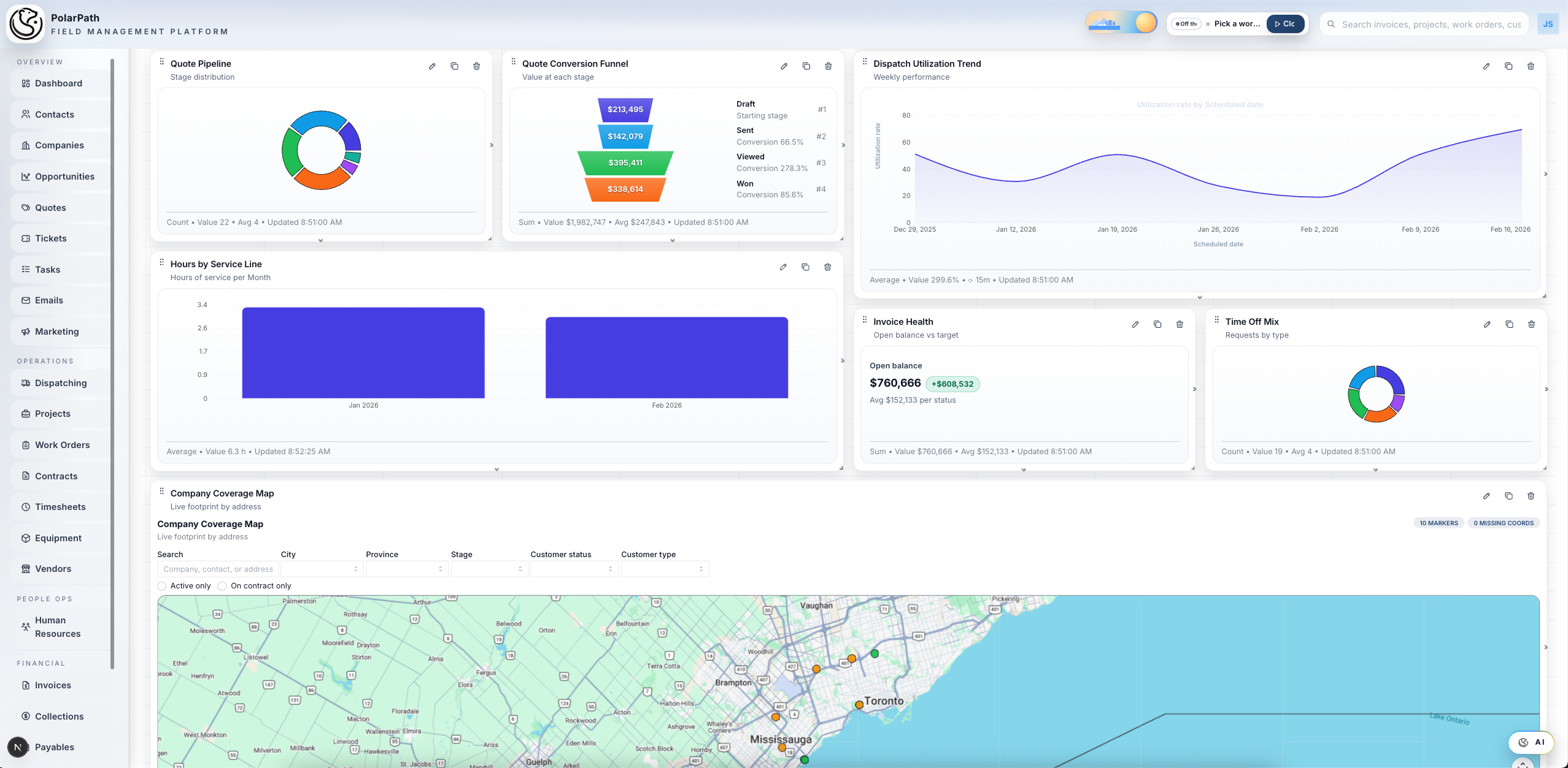 Dispatch board with technician timeline and work orders queue