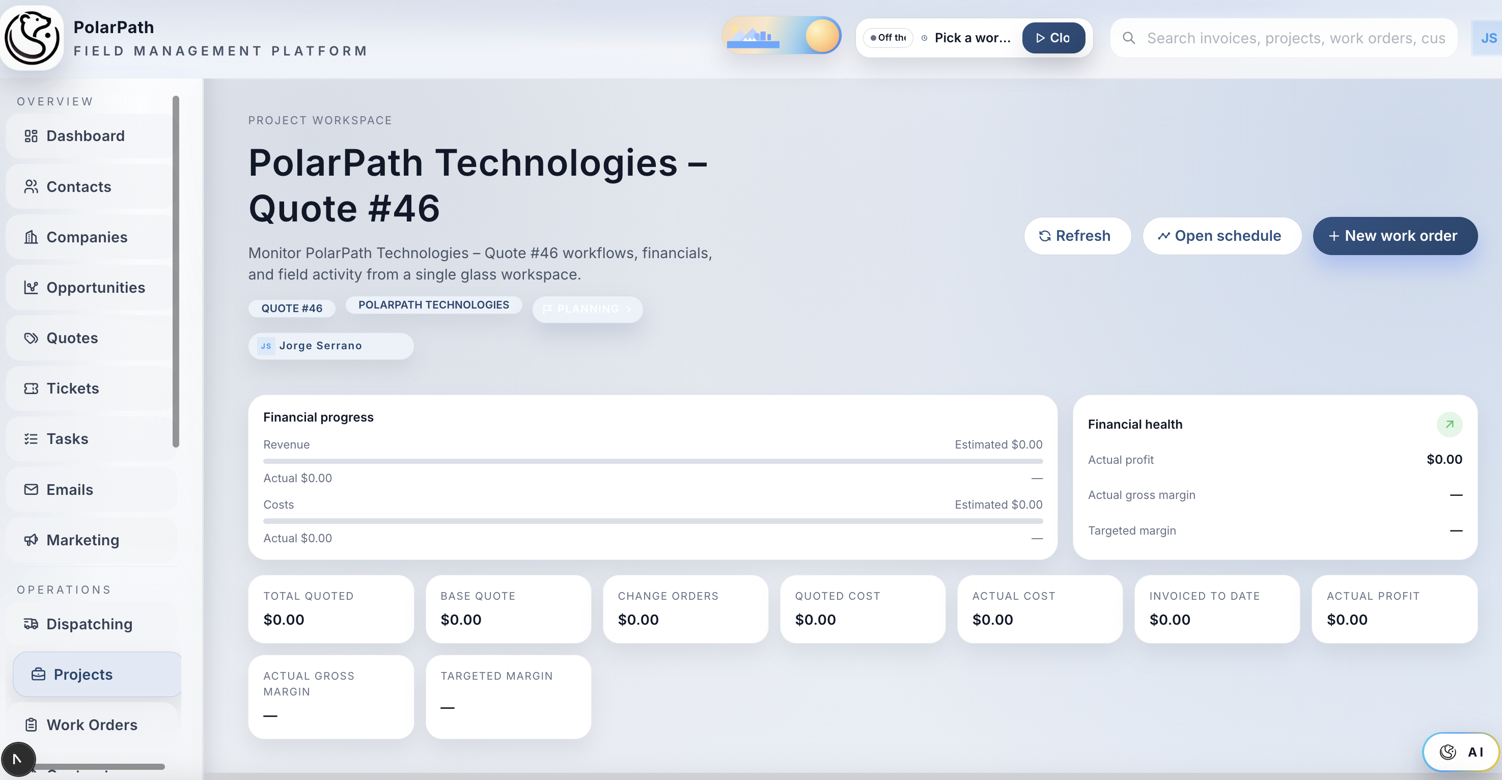 Quote workspace showing stage progress and conversion readiness