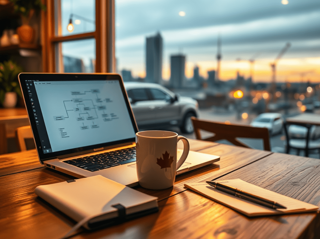 A laptop displaying a flowchart on a wooden table, accompanied by a coffee mug and notepads, with a city skyline in the background during sunset.